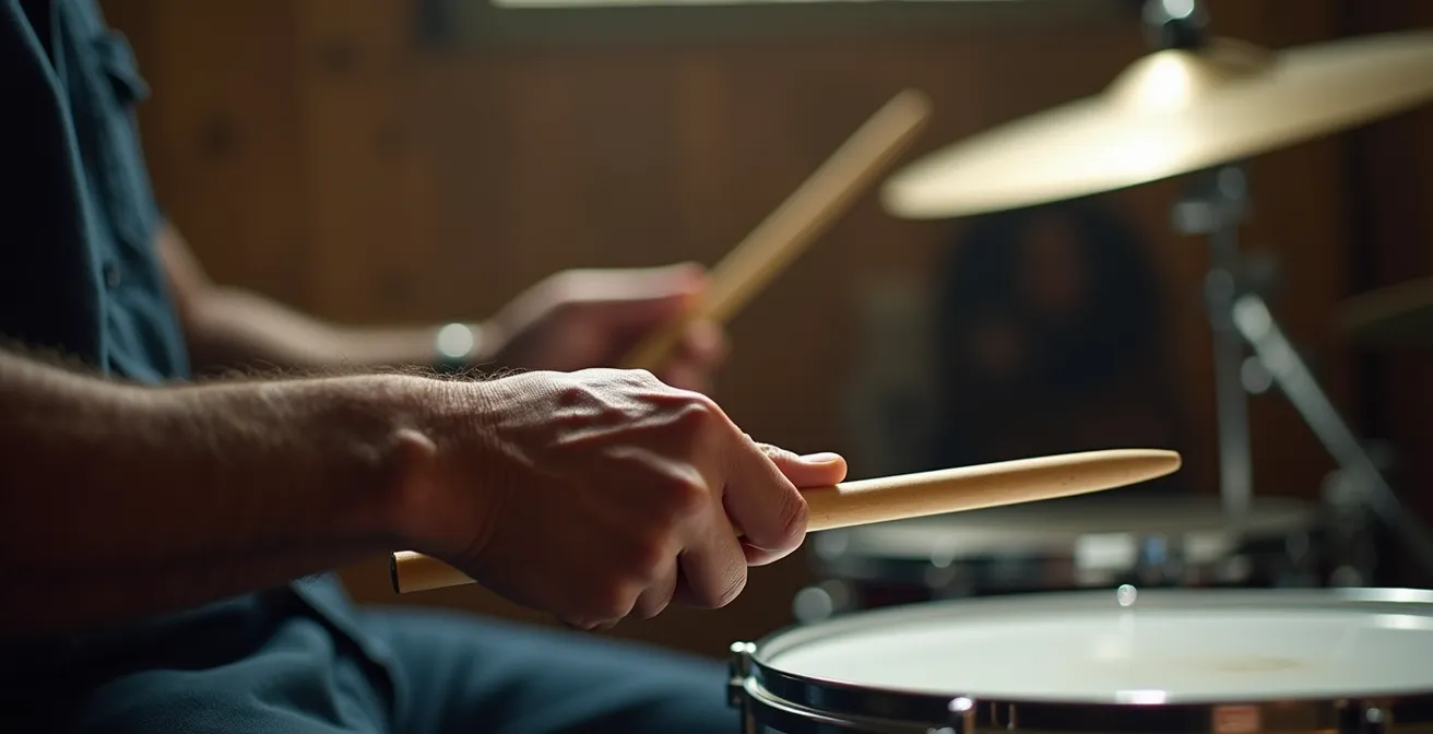 Mains d'un batteur tenant une baguette de batterie en position de jeu