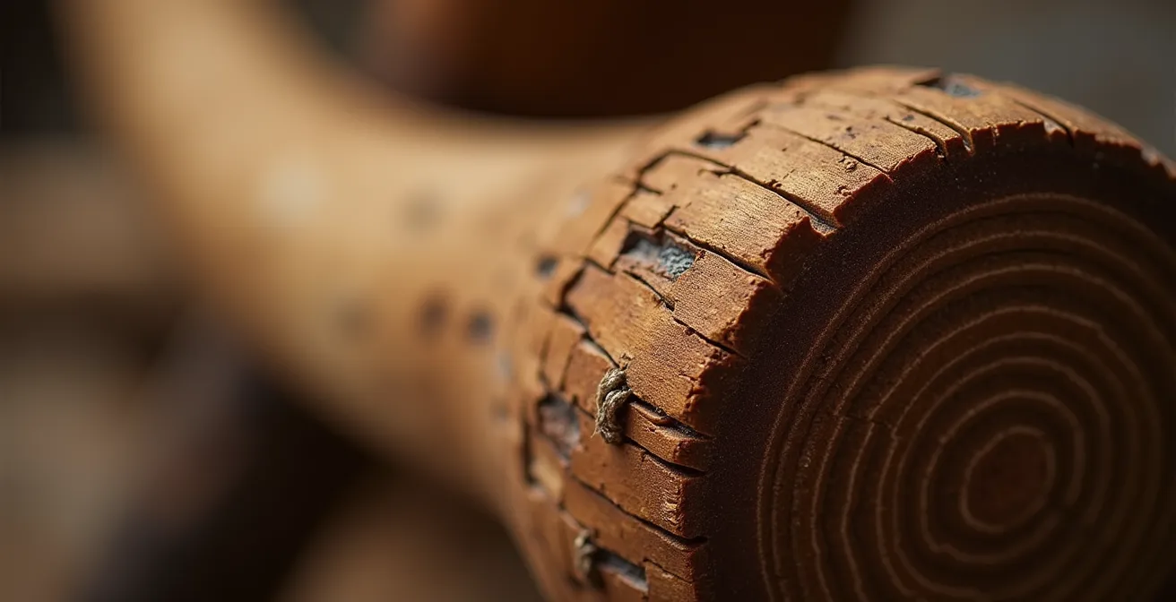 Gros plan sur la texture du bois d'une baguette de batterie