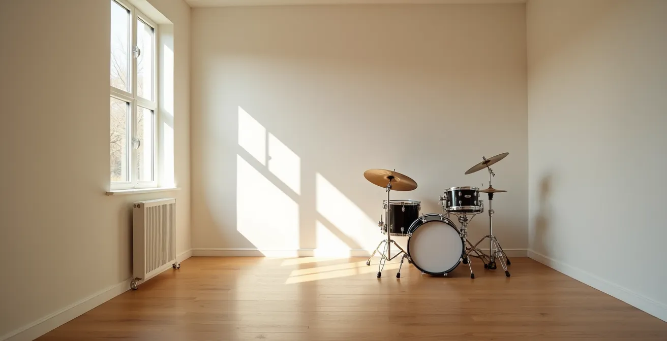 Vue d'ensemble d'un espace de pratique épuré avec kit de batterie