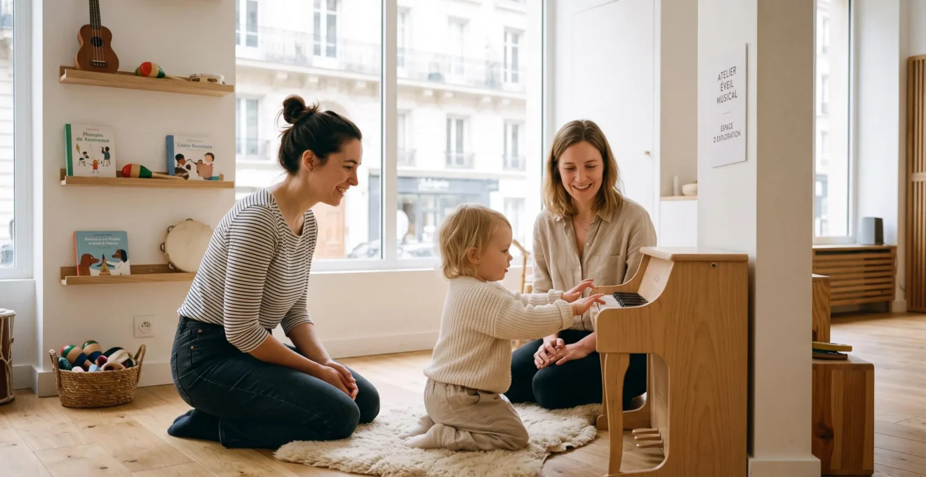 Enfant de 18 mois explorant les touches d'un piano acoustique dans un atelier d'éveil musical parisien lumineux, accompagné par une éducatrice et sa maman
