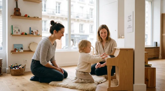 Enfant de 18 mois explorant les touches d'un piano acoustique dans un atelier d'éveil musical parisien lumineux, accompagné par une éducatrice et sa maman