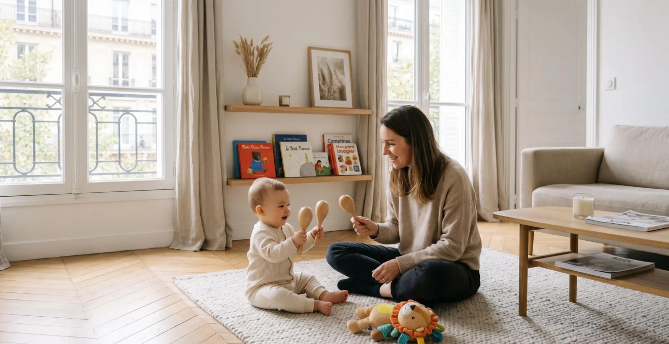 Mère et bébé de 10 mois partageant un moment musical avec des maracas et une peluche éducative dans leur salon parisien